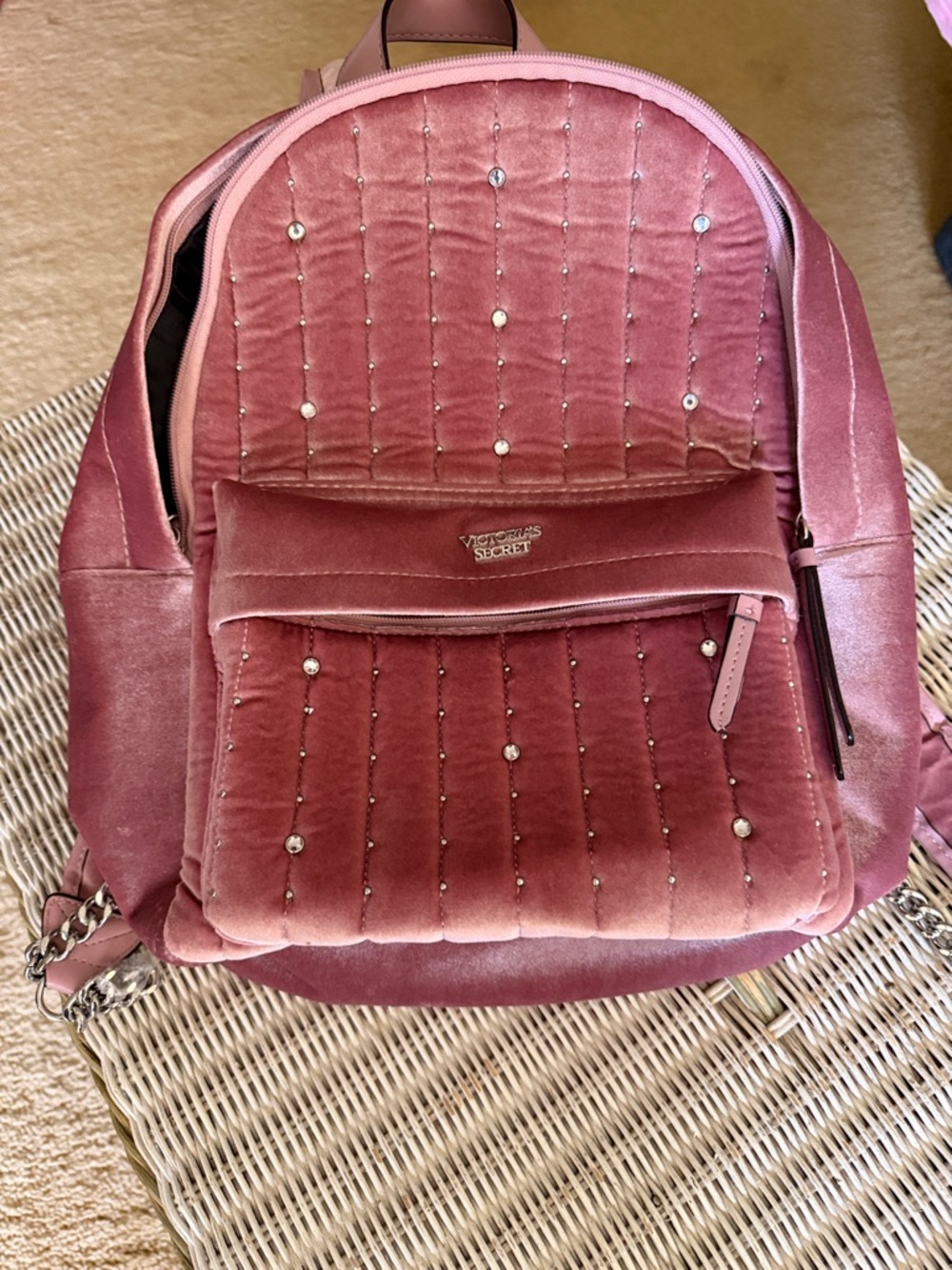 Victoria's Secret Velvet Rhinestone Quilted Backpack in Dusty Pink